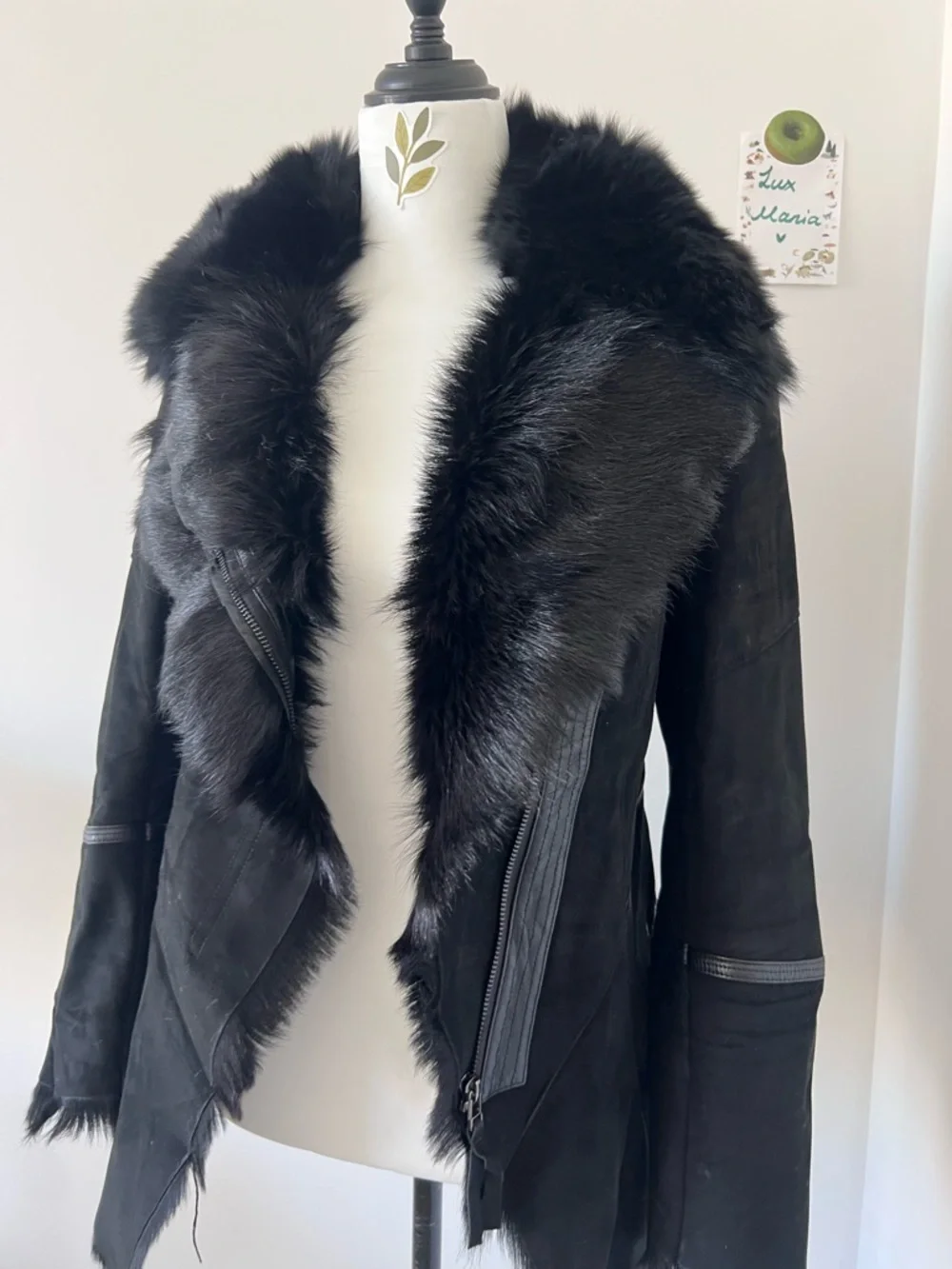 Black Real Suede Lamb Leather w Fox Fur Collar Moto Jacket XS - Picture 3 of 15